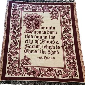 St Luke 2:11 Christmas Throw Blanket Burgandy Cream Religious 54" X 49" Soft Vtg